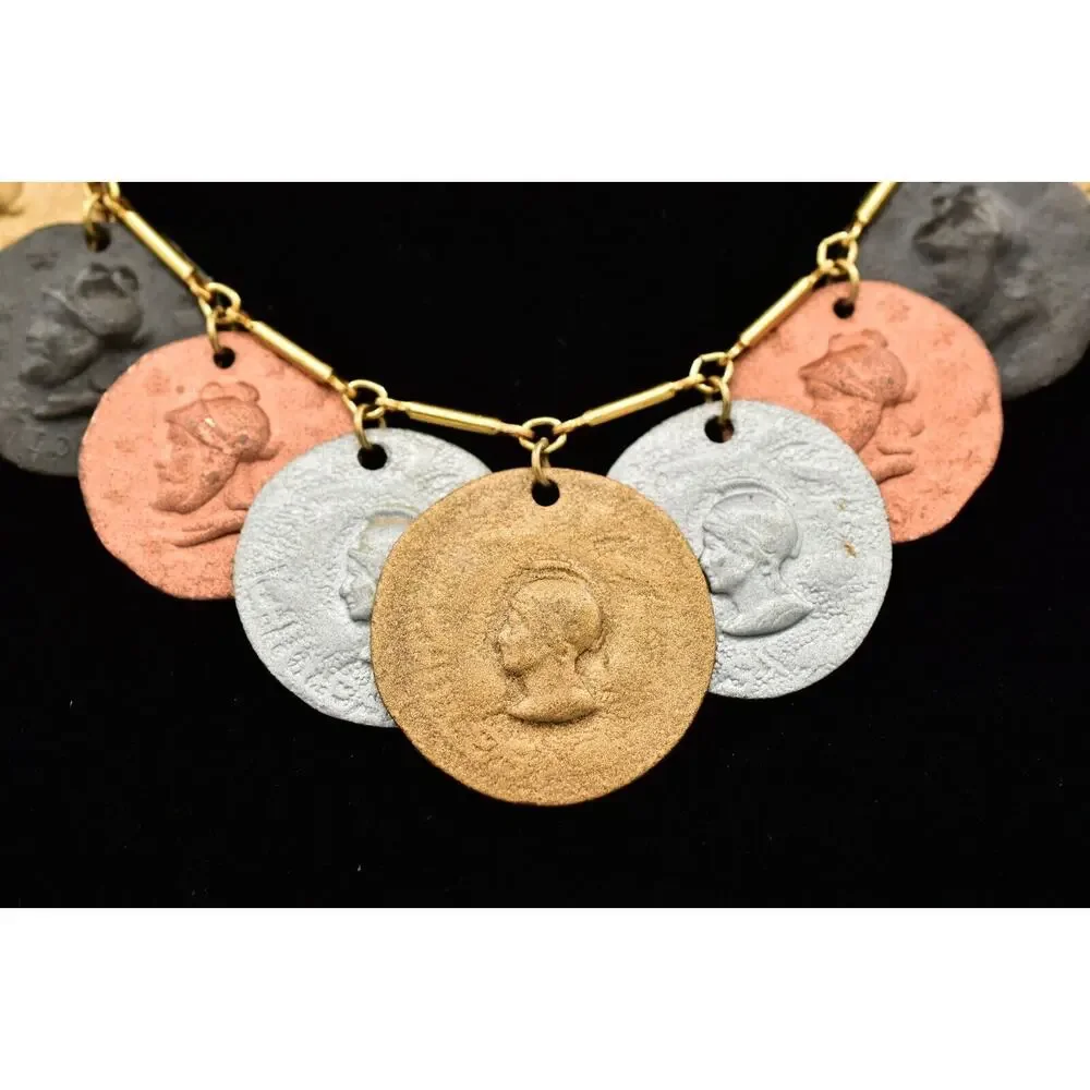 Vintage Coin Collar Necklace Multi-Tone Metal Dangle Silver Copper Gold BinA17
